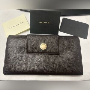 Bvgari Long Trifold Brown Wallet with Gold Accent EUC